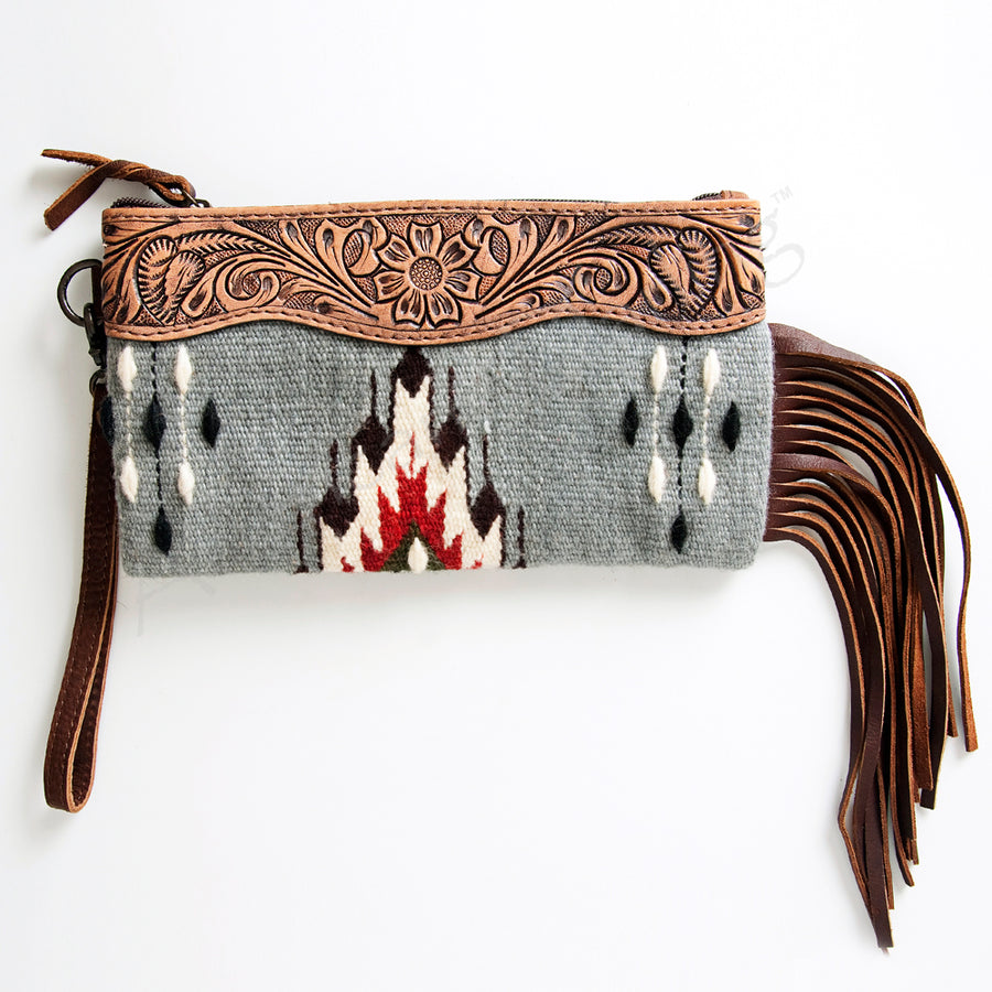 American Darling Western Leather Wristlet Bag with Hand Tooled Floral Carving and Saddle Blanket - Uhorse