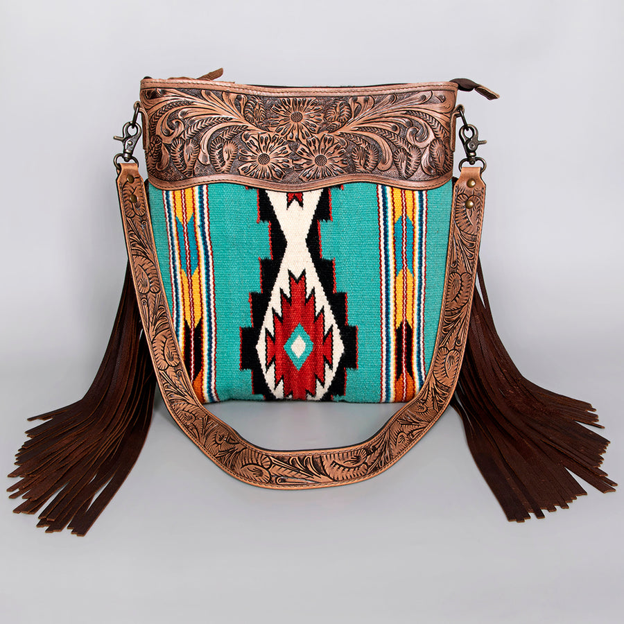 American Darling Signature Cross Body Bag Hand Tooled Floral Carved Leather Woven Saddle Blanket Fringes Genuine Leather