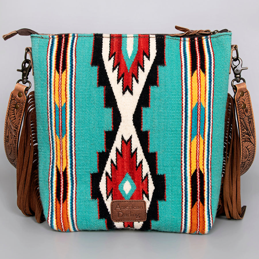 American Darling Signature Cross Body Bag Hand Tooled Floral Carved Leather Woven Saddle Blanket Fringes Genuine Leather