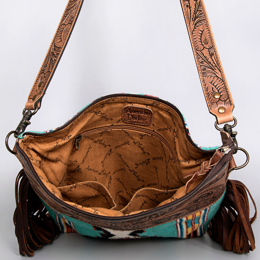 American Darling Signature Cross Body Bag Hand Tooled Floral Carved Leather Woven Saddle Blanket Fringes Genuine Leather