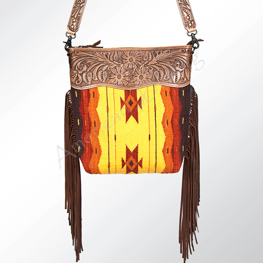 American Darling Signature Cross Body Bag Hand Tooled Floral Carved Leather Woven Saddle Blanket Fringes Genuine Leather