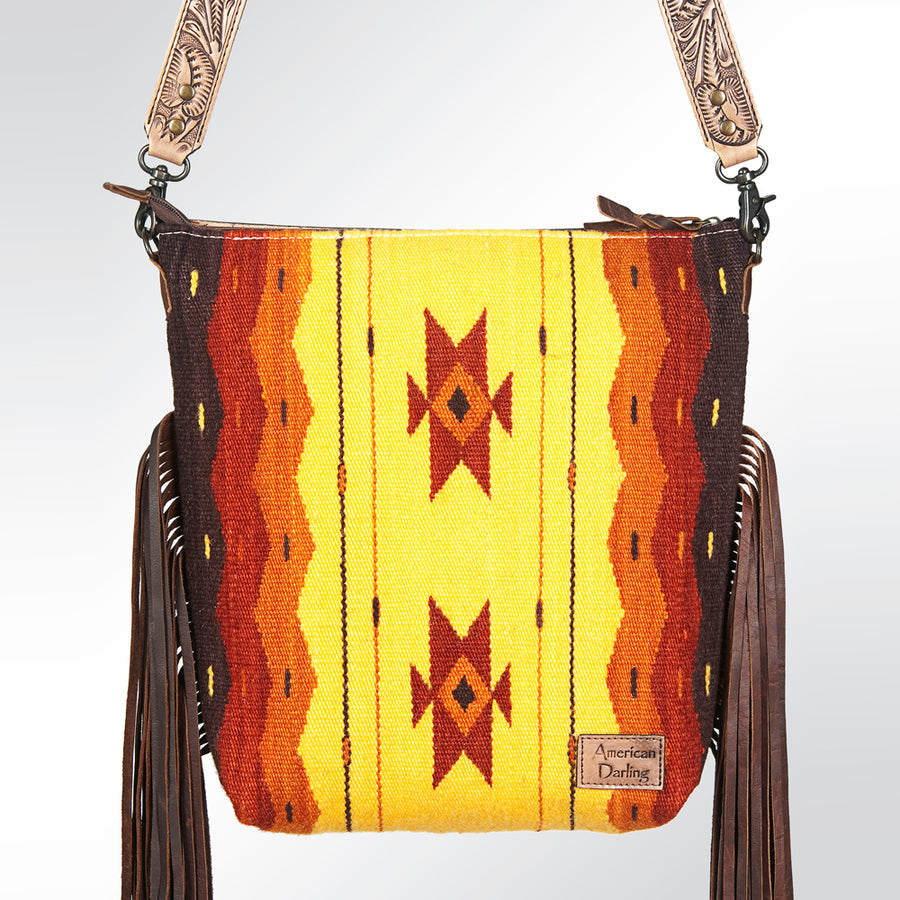 American Darling Signature Cross Body Bag Hand Tooled Floral Carved Leather Woven Saddle Blanket Fringes Genuine Leather