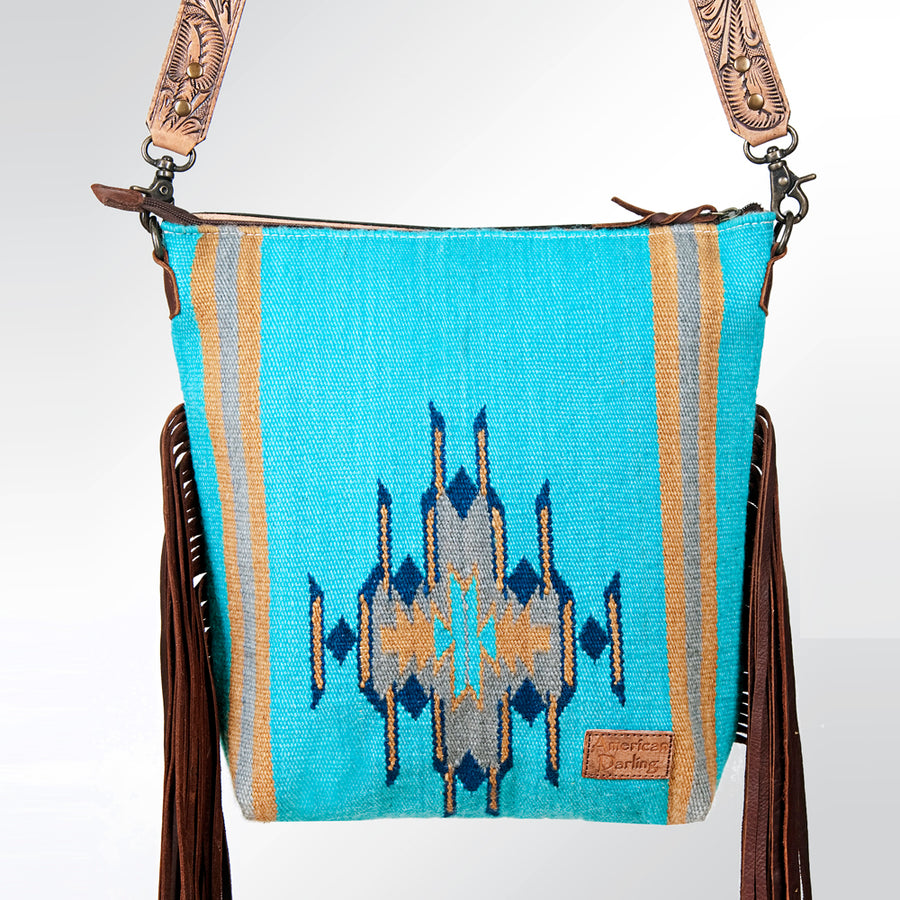 American Darling Signature Cross Body Bag Hand Tooled Floral Carved Leather Woven Saddle Blanket Fringes Genuine Leather