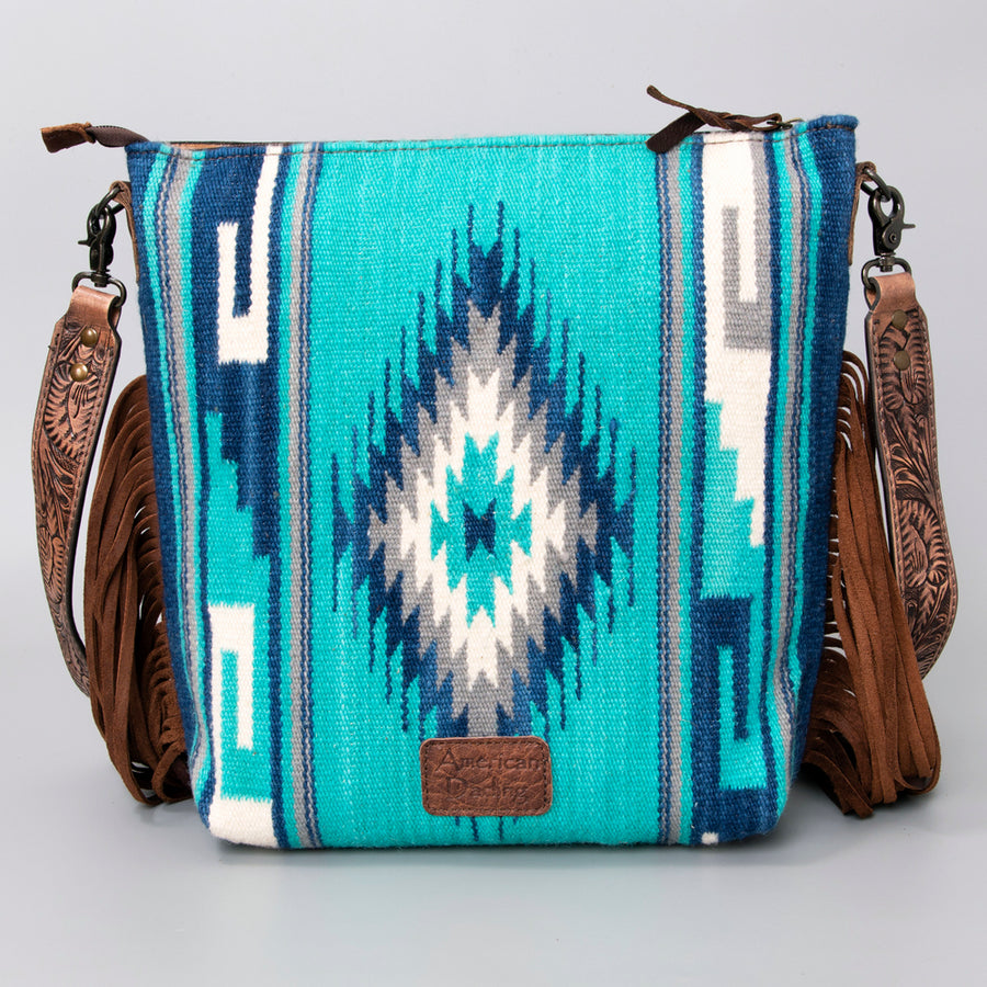 American Darling Signature Cross Body Bag Hand Tooled Floral Carved Leather Woven Saddle Blanket Fringes Genuine Leather