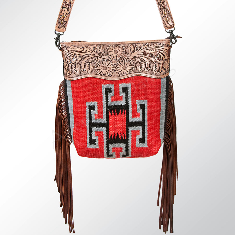 American Darling Signature Cross Body Bag Hand Tooled Floral Carved Leather Woven Saddle Blanket Fringes Genuine Leather