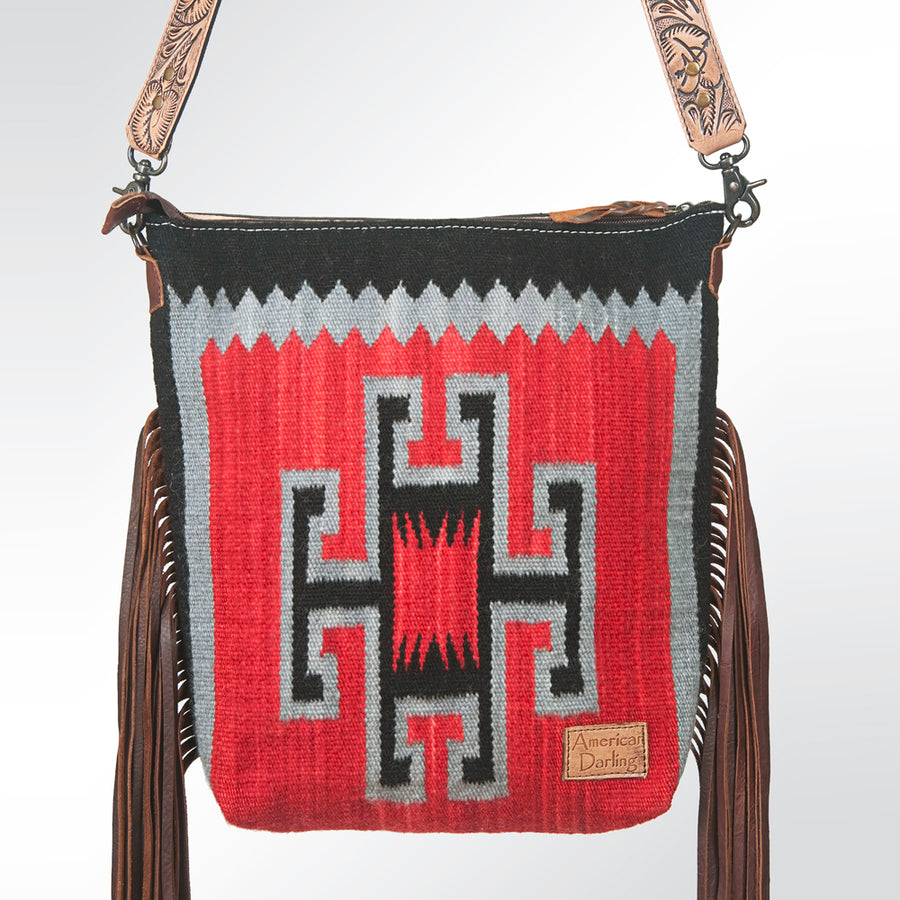 American Darling Signature Cross Body Bag Hand Tooled Floral Carved Leather Woven Saddle Blanket Fringes Genuine Leather