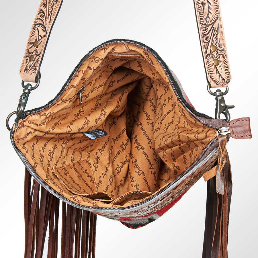 American Darling Signature Cross Body Bag Hand Tooled Floral Carved Leather Woven Saddle Blanket Fringes Genuine Leather