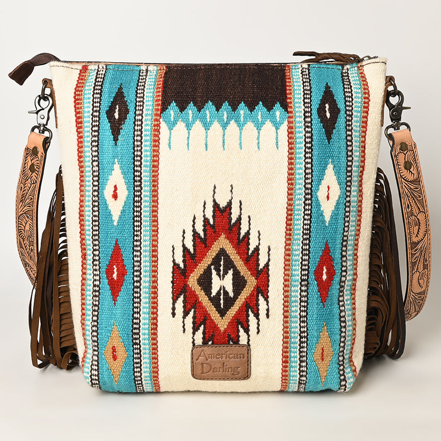 American Darling Signature Cross Body Bag Hand Tooled Floral Carved Leather Woven Saddle Blanket Fringes Genuine Leather