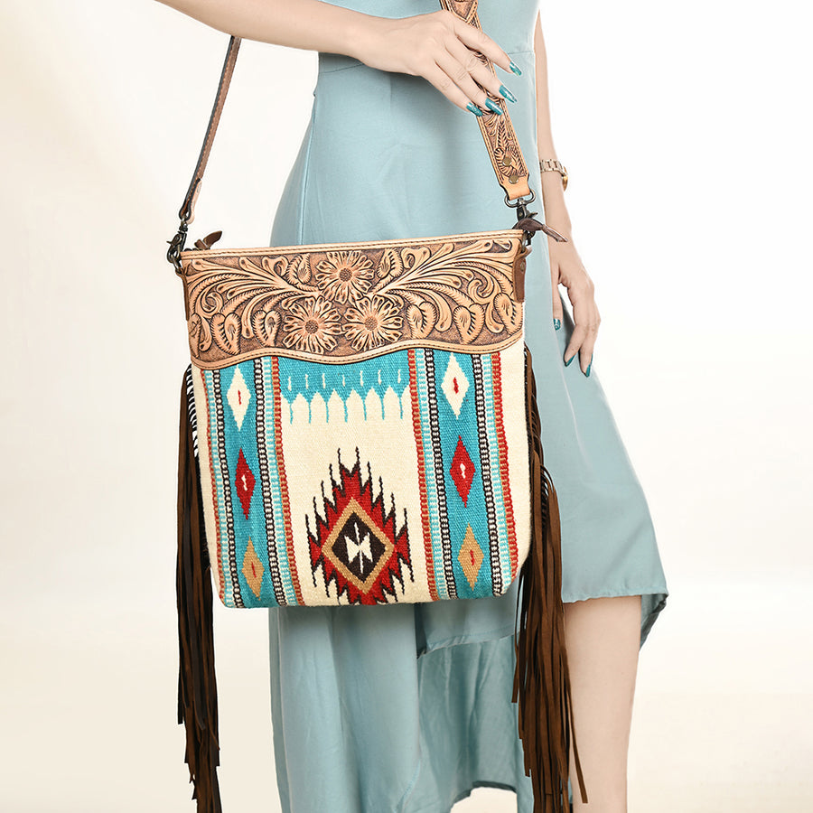 American Darling Signature Cross Body Bag Hand Tooled Floral Carved Leather Woven Saddle Blanket Fringes Genuine Leather
