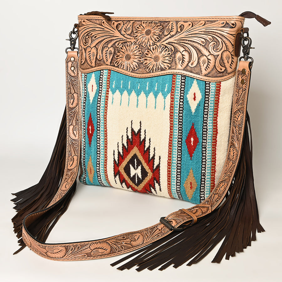 American Darling Hand Tooled Floral and Hand Woven Saddle Blanket Large Cross Body Bag - Uhorse