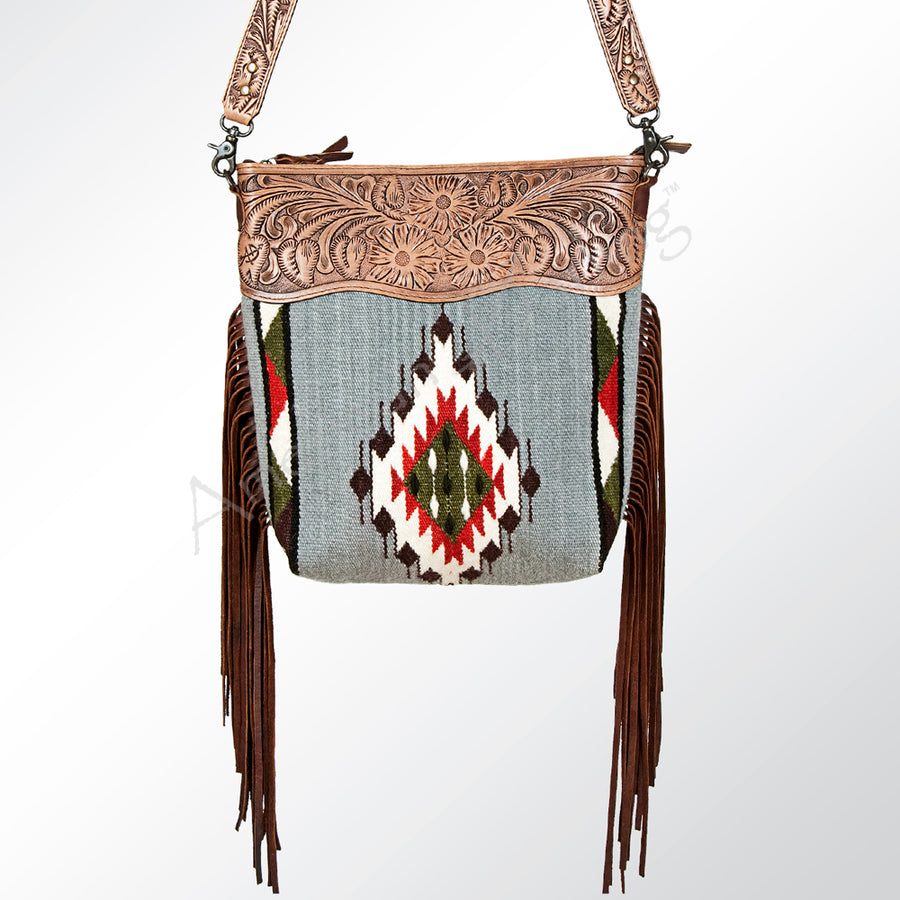 American Darling Signature Cross Body Bag Hand Tooled Floral Carved Leather Woven Saddle Blanket Fringes Genuine Leather