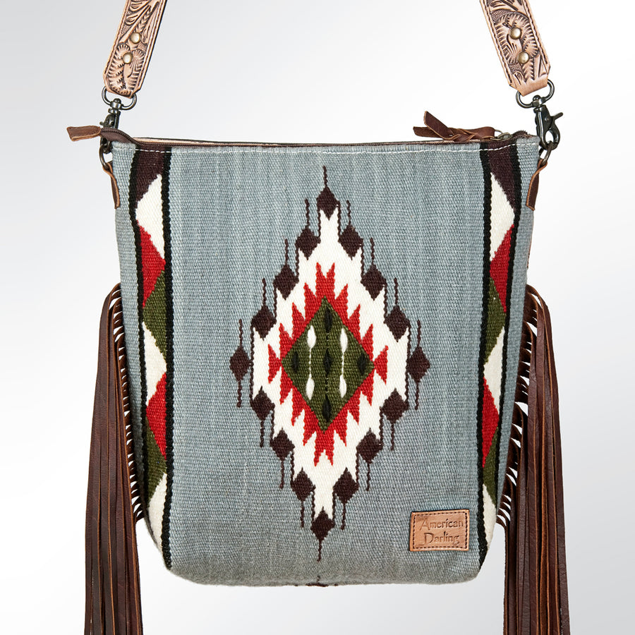 American Darling Signature Cross Body Bag Hand Tooled Floral Carved Leather Woven Saddle Blanket Fringes Genuine Leather