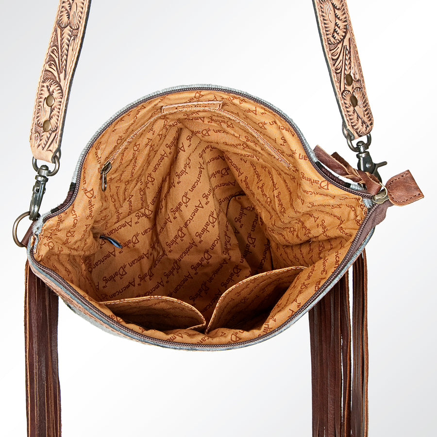 American Darling Signature Cross Body Bag Hand Tooled Floral Carved Leather Woven Saddle Blanket Fringes Genuine Leather
