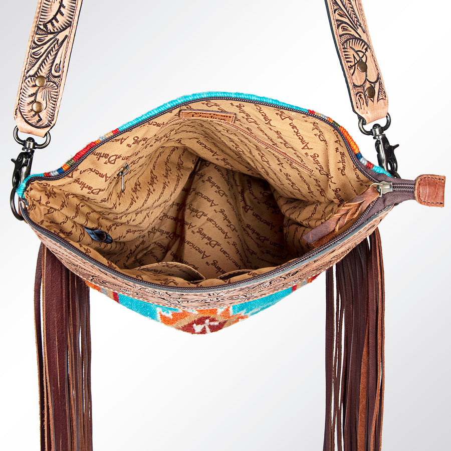 American Darling Signature Cross Body Bag Hand Tooled Floral Carved Leather Woven Saddle Blanket Fringes Genuine Leather