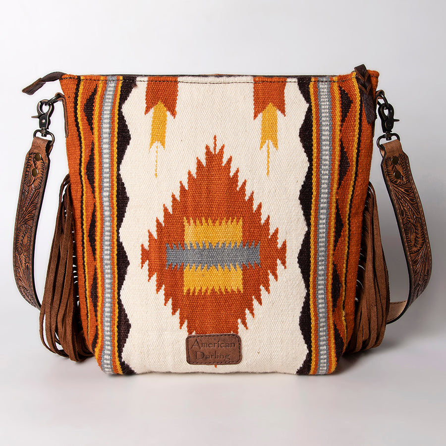 American Darling Signature Cross Body Bag Hand Tooled Floral Carved Leather Woven Saddle Blanket Fringes Genuine Leather
