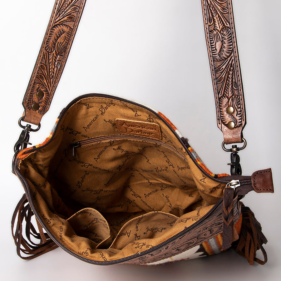 American Darling Signature Cross Body Bag Hand Tooled Floral Carved Leather Woven Saddle Blanket Fringes Genuine Leather