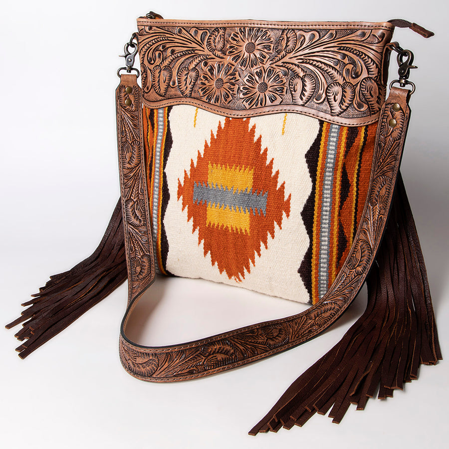 American Darling Hand Tooled Floral and Hand Woven Saddle Blanket Large Cross Body Bag - Uhorse