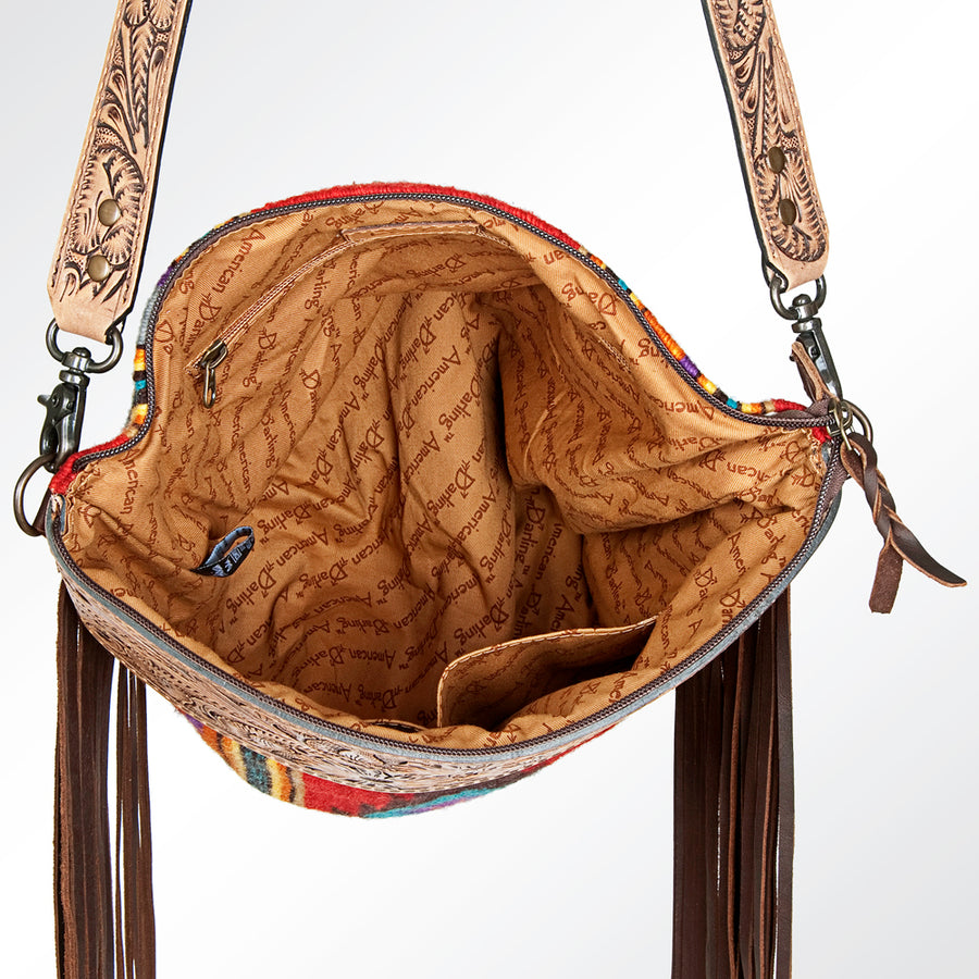 American Darling Signature Cross Body Bag Hand Tooled Floral Carved Leather Woven Saddle Blanket Fringes Genuine Leather