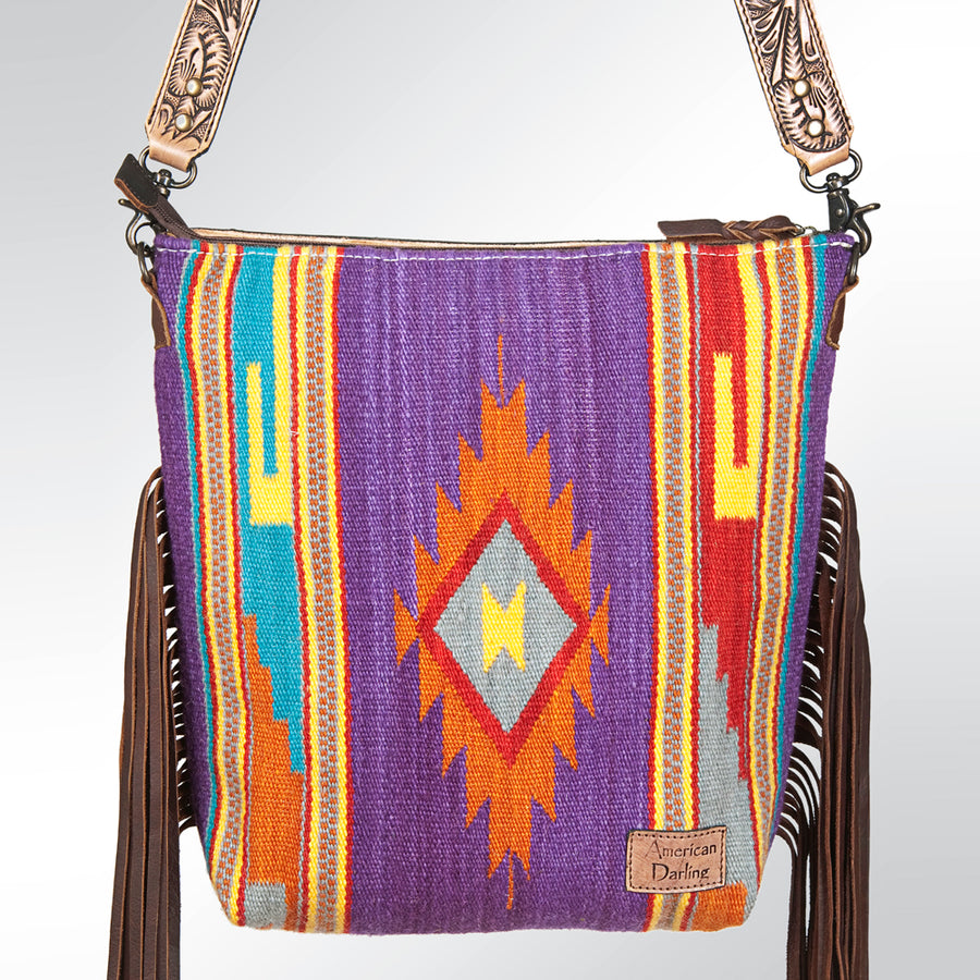 American Darling Signature Cross Body Bag Hand Tooled Floral Carved Leather Woven Saddle Blanket Fringes Genuine Leather