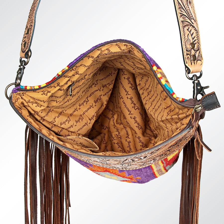 American Darling Signature Cross Body Bag Hand Tooled Floral Carved Leather Woven Saddle Blanket Fringes Genuine Leather