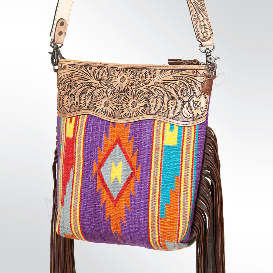 American Darling Hand Tooled Floral and Hand Woven Saddle Blanket Large Cross Body Bag - Uhorse