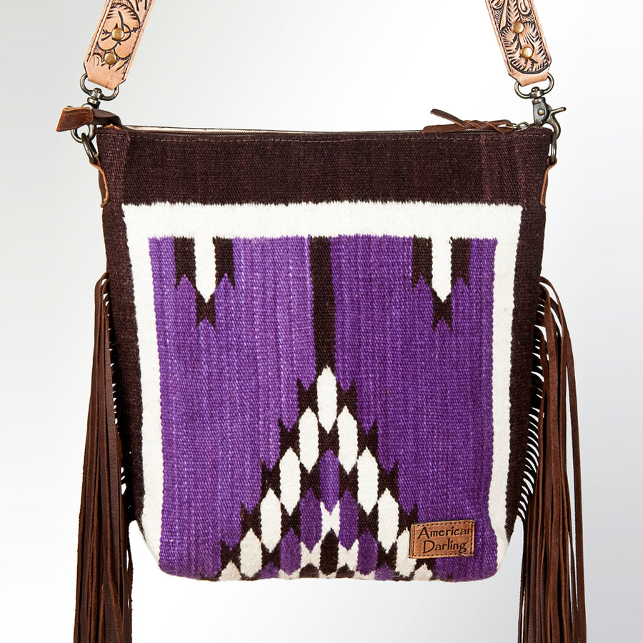 American Darling Signature Cross Body Bag Hand Tooled Floral Carved Leather Woven Saddle Blanket Fringes Genuine Leather