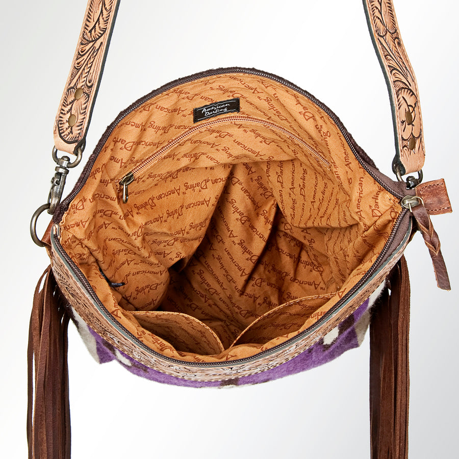 American Darling Signature Cross Body Bag Hand Tooled Floral Carved Leather Woven Saddle Blanket Fringes Genuine Leather