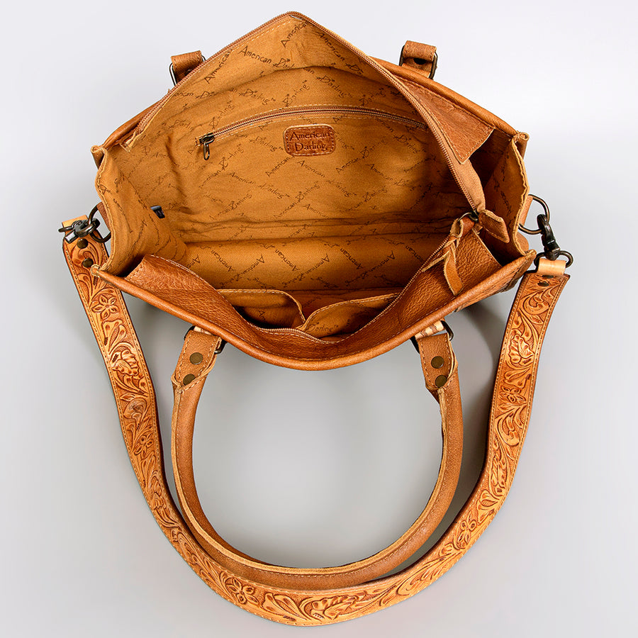 American Darling Tote Bag Hand Tooled Floral Carved Saddle Blanket Genuine Leather Western Purse with YKK Zipper