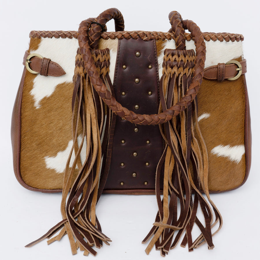 American Darling Tote Bag, Genuine Hair-On Cowhide & Riveted Leather with Braided Handles and Fringes, Handcrafted