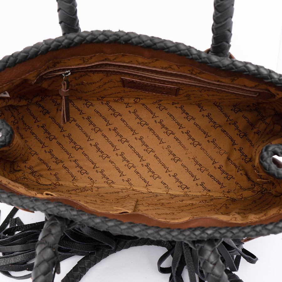 American Darling Tote Bag, Riveted Genuine Leather with Braided Handles and Long Fringes, Western Style, Handcrafted