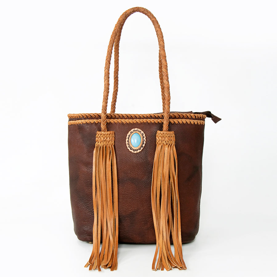 American Darling Tote Bag, Genuine Hair-On Cowhide & Leather with Turquoise Stone, Braided Handles & Fringes, Handcrafted