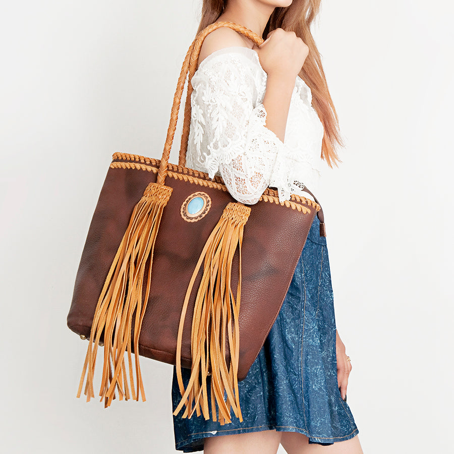 American Darling Tote Bag, Genuine Hair-On Cowhide & Leather with Turquoise Stone, Braided Handles & Fringes, Handcrafted