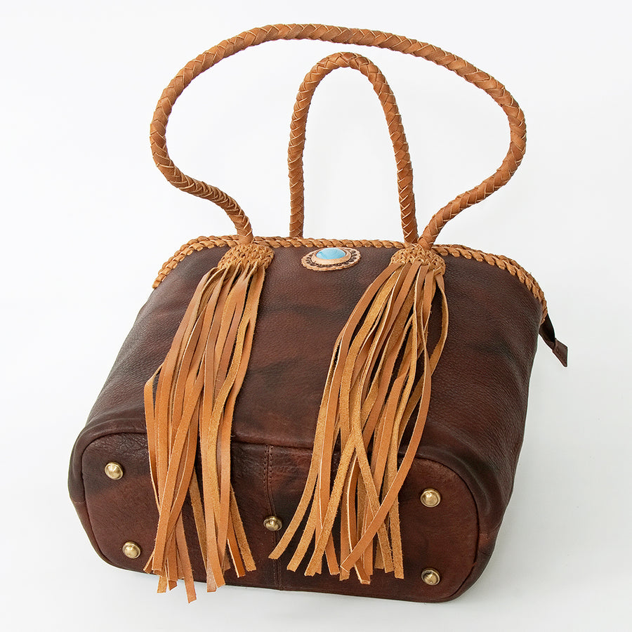 American Darling Tote Bag, Genuine Hair-On Cowhide & Leather with Turquoise Stone, Braided Handles & Fringes, Handcrafted