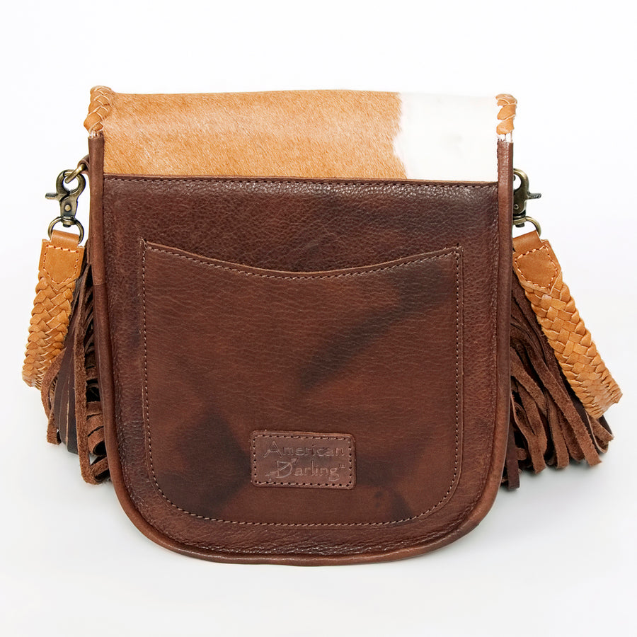 American Darling Cross body Bag, Genuine Hair-On Cowhide & Leather with Fringes and Braided Detail, 9in (H) X 9in (W) X 2in (D)