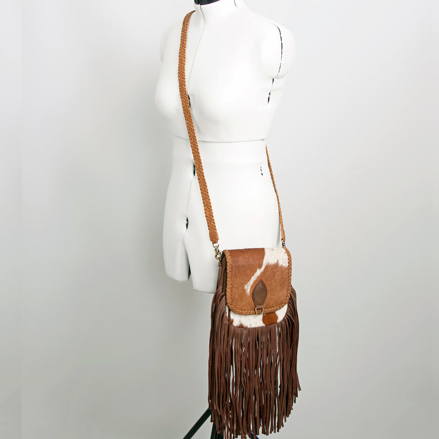 American Darling Cross body Bag, Genuine Hair-On Cowhide & Leather with Fringes and Braided Detail, 9in (H) X 9in (W) X 2in (D)