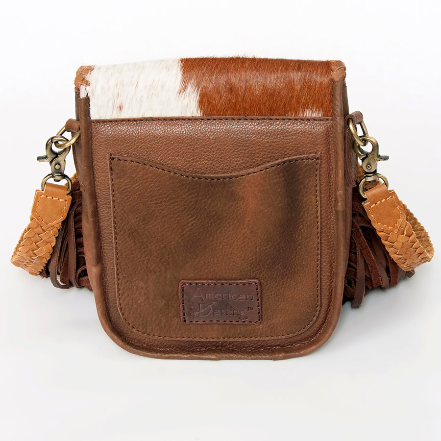 American Darling Cross body Bag, Genuine Hair-On Cowhide & Leather with Fringes and Braided Detail, 9in (H) X 9in (W) X 2in (D)