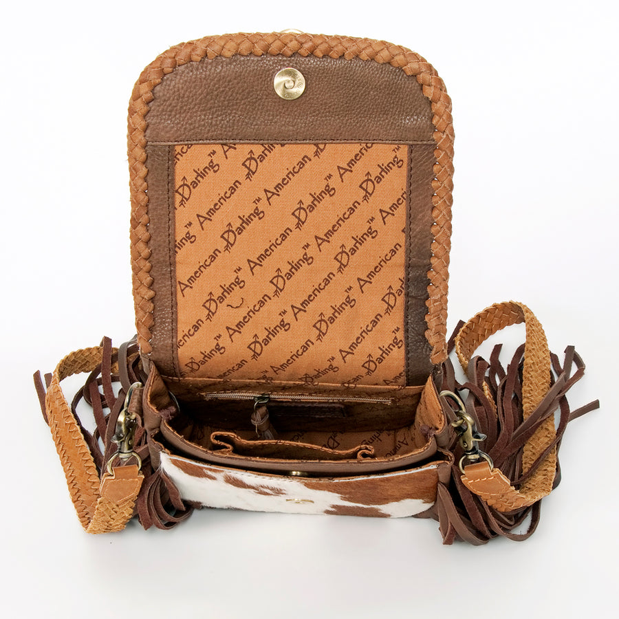 American Darling Cross body Bag, Genuine Hair-On Cowhide & Leather with Fringes and Braided Detail, 9in (H) X 9in (W) X 2in (D)