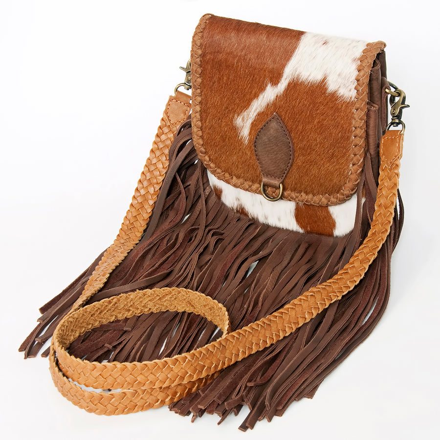 American Darling Hair-On Cowhide Cross body Bag with Hand-Braided Detail and Fringes - Uhorse
