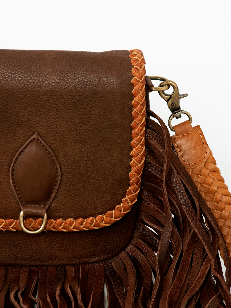 American Darling Cross body Bag, Genuine Hair-On Cowhide & Leather with Fringes and Braided Detail, 9in (H) X 9in (W) X 2in (D)