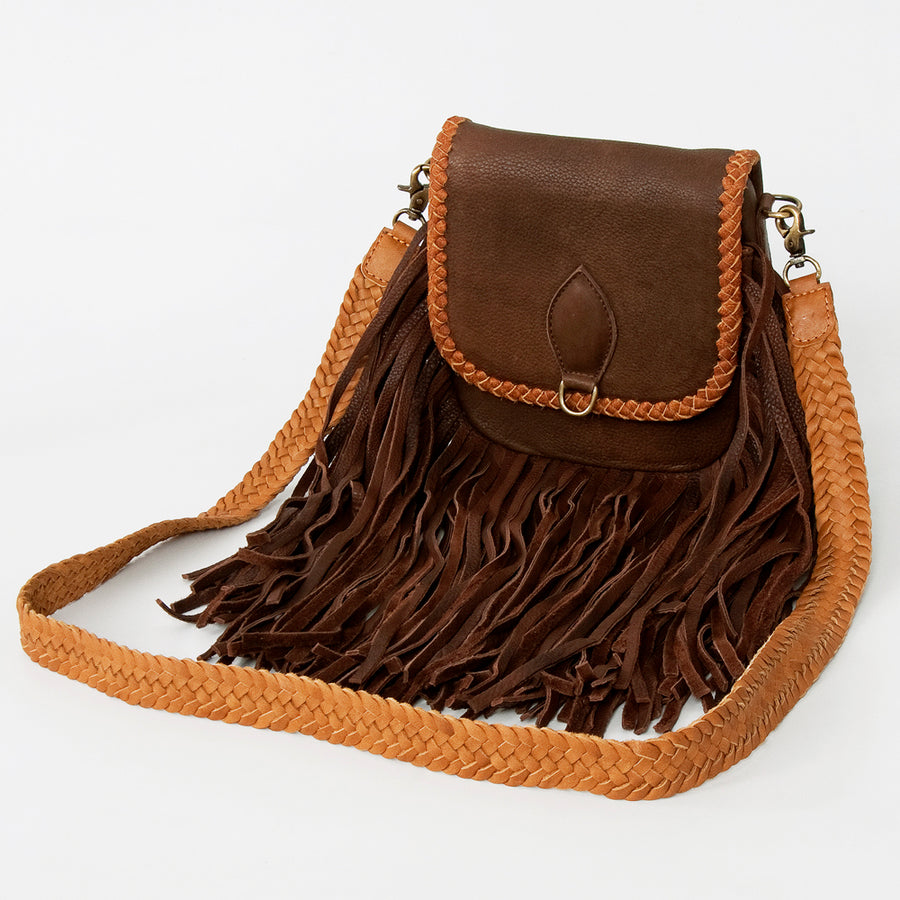 American Darling Handcrafted Leather Cross body Bag with Long Fringes and Braided Trim - Uhorse