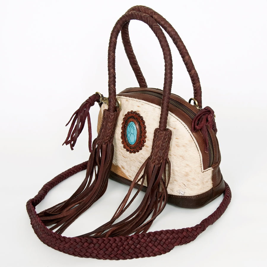 American Darling Tote Bag, Genuine Hair-On Cowhide & Leather Western Purse with Turquoise Stone & Braided Handles