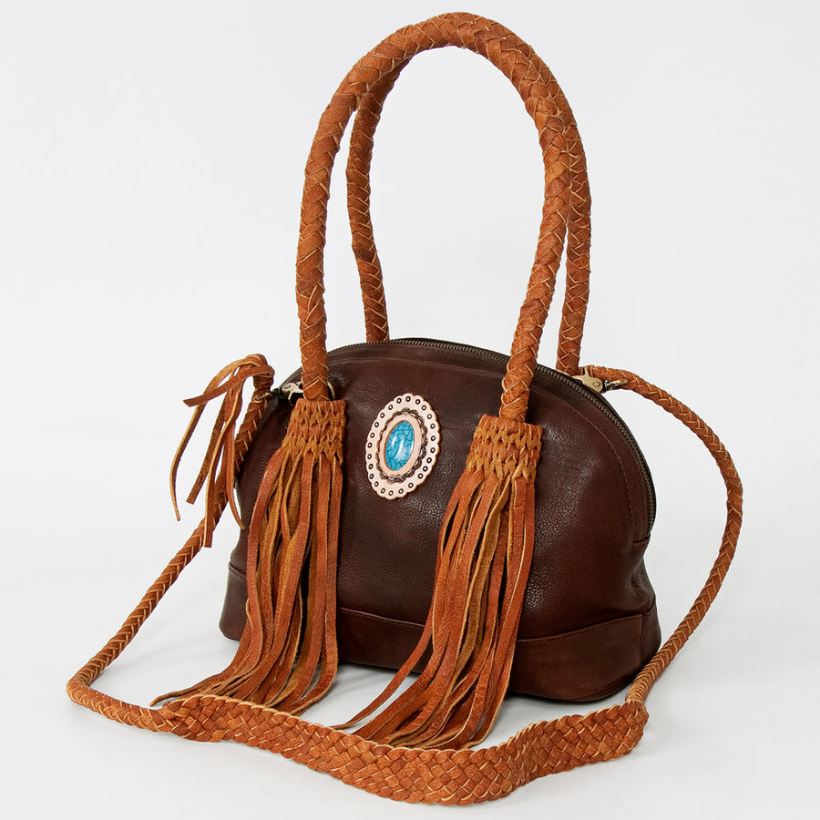 American Darling Handcrafted Leather Cross body Bag with Turquoise Stone and Fringes - Uhorse