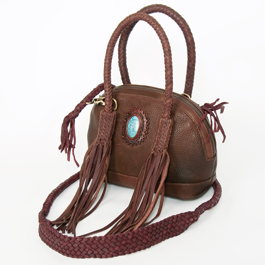 American Darling Handcrafted Leather Cross body Bag with Turquoise Stone and Fringes - Uhorse