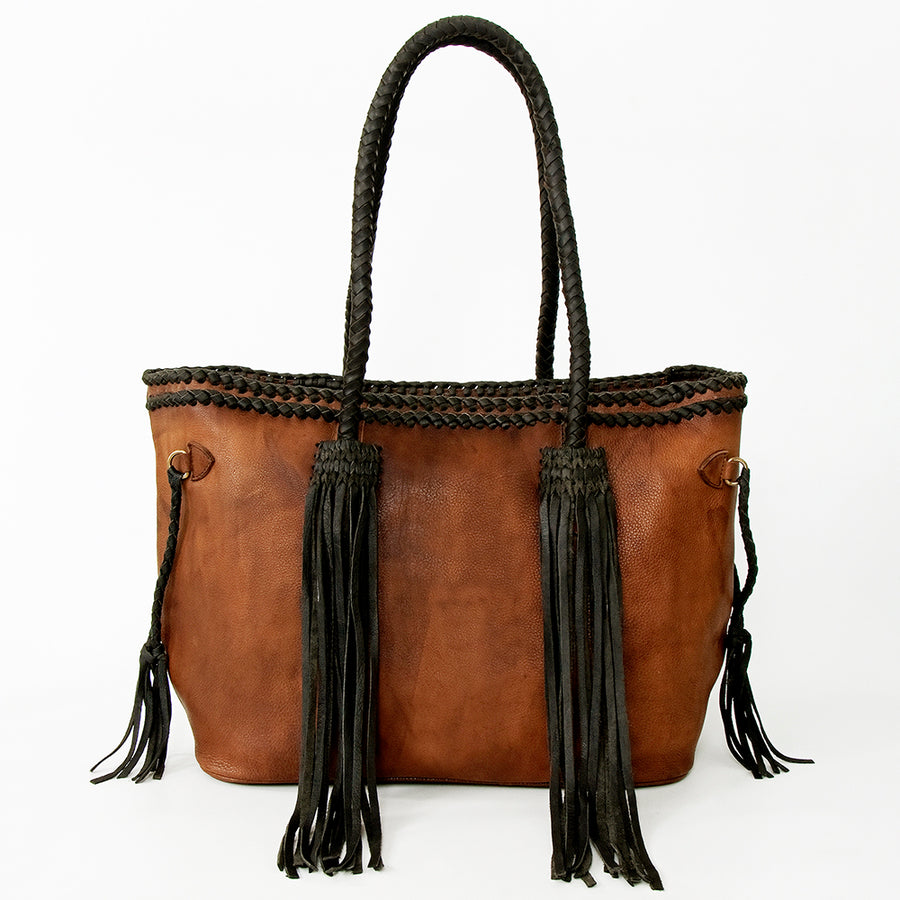 American Darling Tote Bag, Handcrafted Genuine Vegetable-Tanned Leather Western Purse with Braided Handles & Fringes