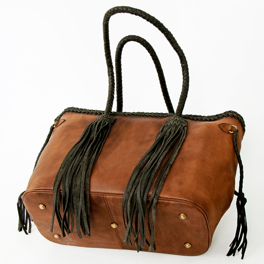 American Darling Tote Bag, Handcrafted Genuine Vegetable-Tanned Leather Western Purse with Braided Handles & Fringes