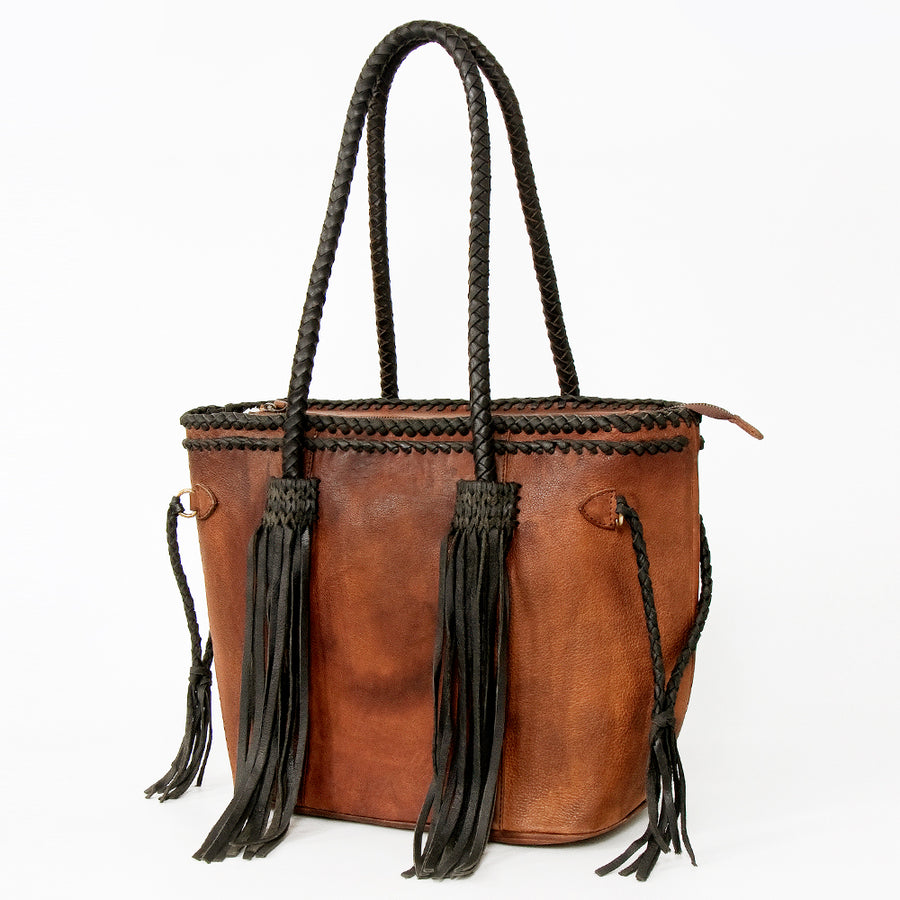 American Darling Tote Bag, Handcrafted Genuine Vegetable-Tanned Leather Western Purse with Braided Handles & Fringes