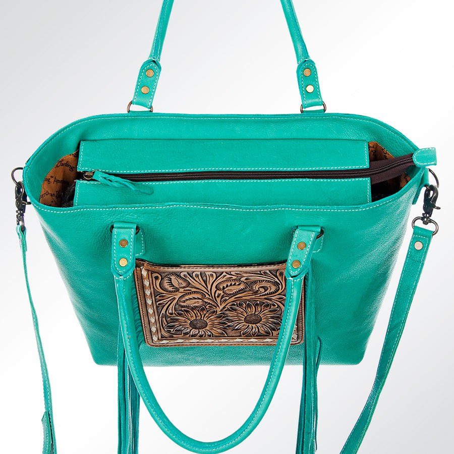 American Darling Tote Bag Hand Tooled Floral Carved Genuine Leather Western Purse with Fringes & YKK Zipper