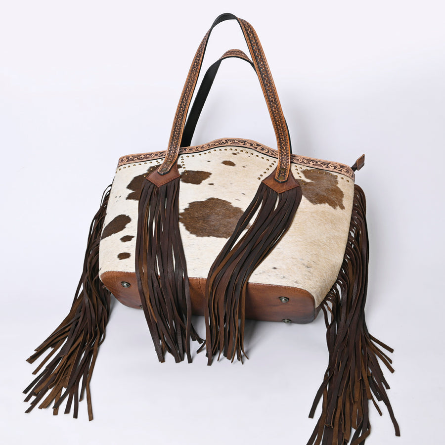 American Darling Tote Bag, Hair-On Cowhide Western Leather Purse with Fringes, Handcrafted, 13in (H) X 19.5in (W) X 7in (D)
