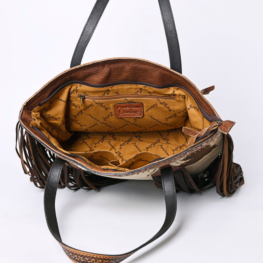 American Darling Tote Bag, Hair-On Cowhide Western Leather Purse with Fringes, Handcrafted, 13in (H) X 19.5in (W) X 7in (D)