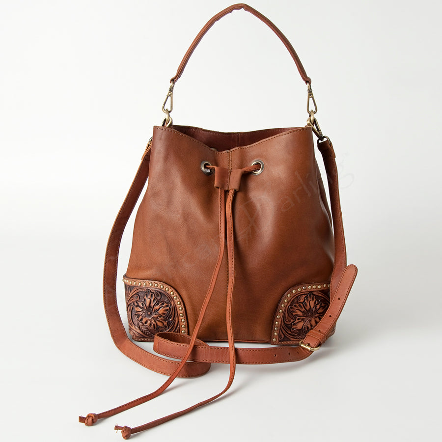 American Darling Hobo Bag, Hand-Tooled Floral Western Leather Purse with Drawstring, 12in (H) X 15in (W) X 6in (D)
